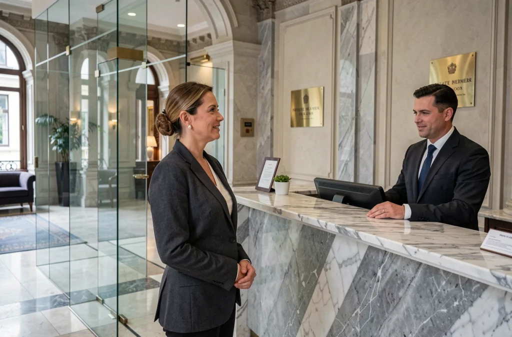 Femme d'affaires discutant avec un concierge à la réception d'un club privé pour résoudre un problème d'accès