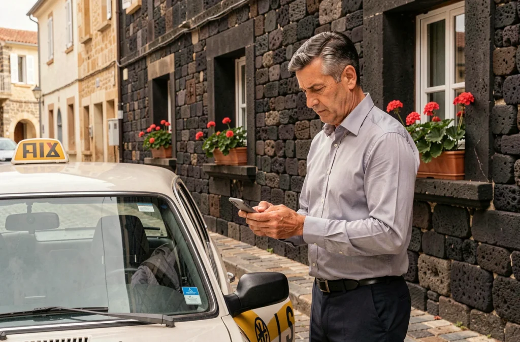 Chauffeur d'Agath Taxi debout devant un taxi dans une ruelle aux bâtiments en pierre basaltique noire du vieil Agde