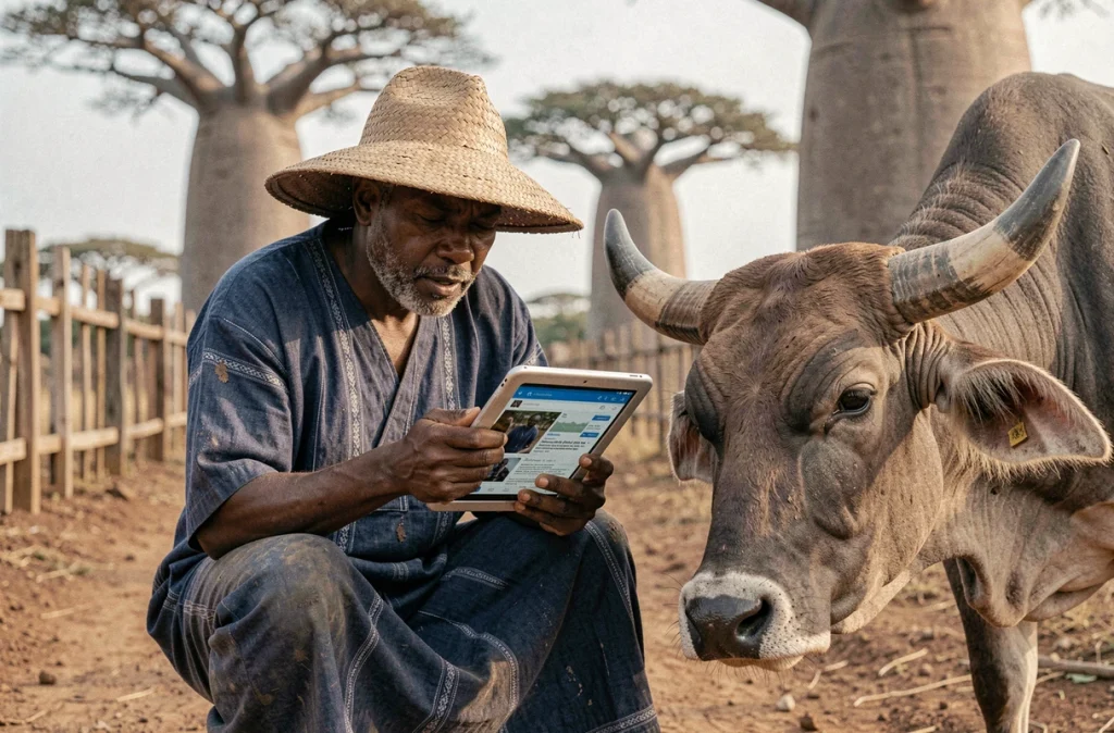 Agriculteur malgache consultant le site ACTUTANA sur une tablette numérique aux côtés de son zébu