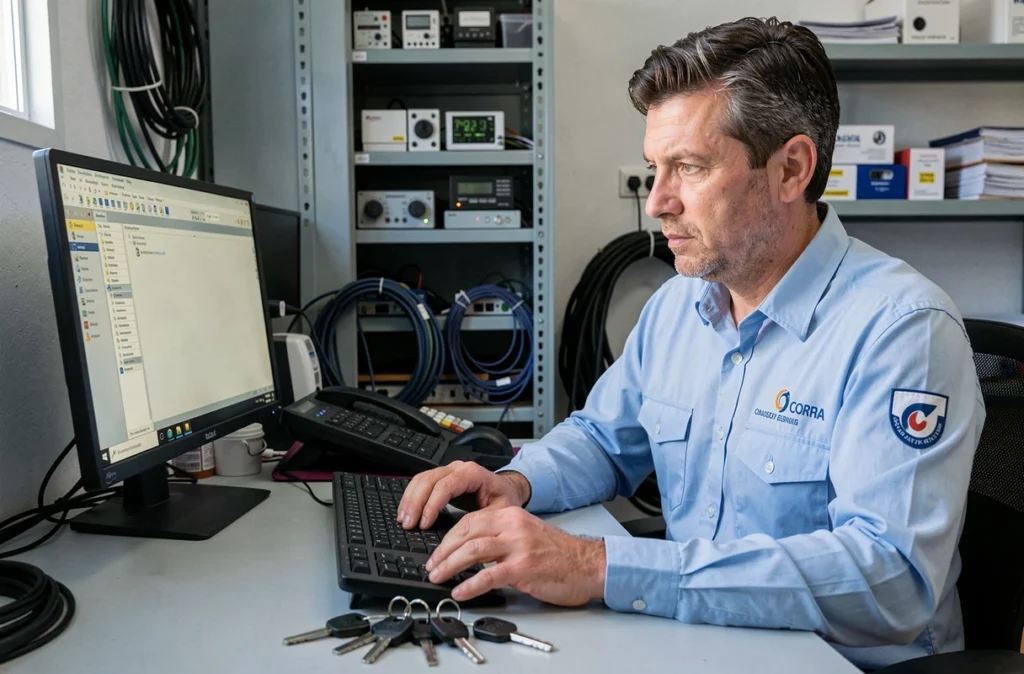 Technicien d'Allo Informatique Services gérant des clés électroniques et un système informatique dans un bureau corse