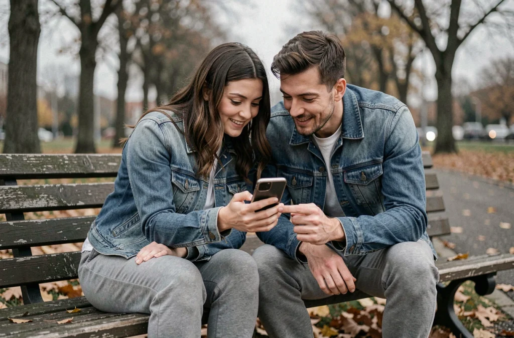 Deux amis regardant discrètement une story Snapchat ensemble sur un banc de parc