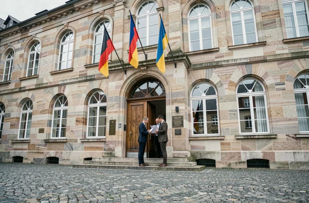 Bâtiment gouvernemental régional bavarois avec des officiels échangeant des documents, symbole de l'influence des Länder allemands
