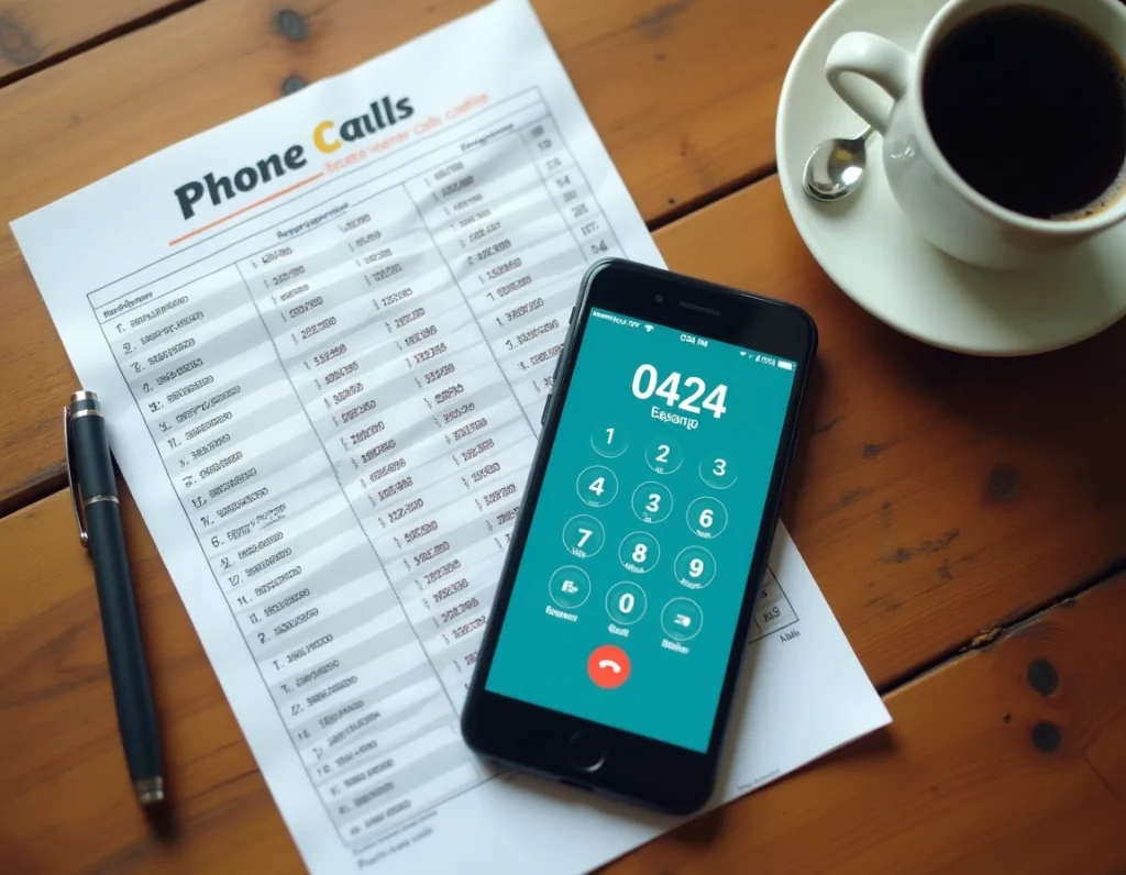 Vue de dessus d'un bureau avec smartphone affichant des appels répétés en 0424 et un tableau de preuves imprimé pour documenter un harcèlement téléphonique