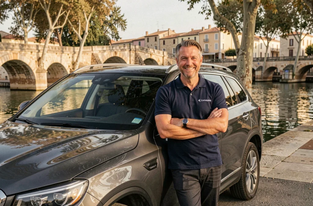 Chauffeur de Cab Driver Beziers appuyé contre un SUV gris foncé sur le bord du canal à Béziers