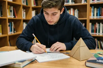 Étudiant calculant le volume d'une pyramide à base carrée avec des notes manuscrites et un modèle en carton sur un bureau de bibliothèque
