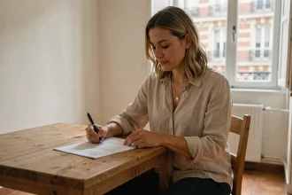 Femme remplissant un formulaire de changement d'adresse dans un appartement toulousain avec carrelage en terre cuite