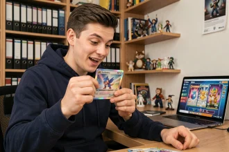 Jeune homme examinant une carte holographique Pokémon TCG Pocket à son bureau de collection