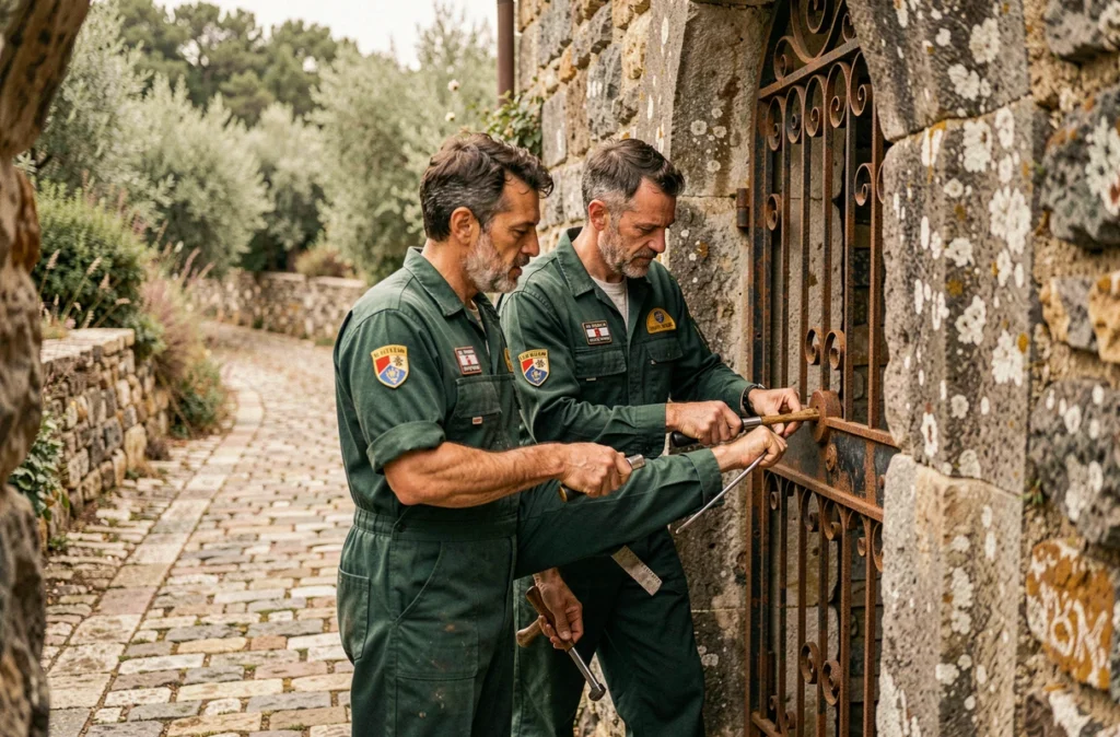 Deux artisans des Compagnons Corses réparant une serrure de portail en fer forgé dans un village corse
