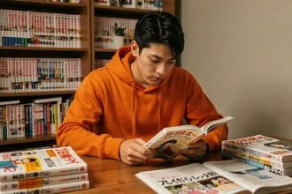 Jeune homme comparant des scans de manga Naruto avec la version officielle sur un bureau encombré de livres