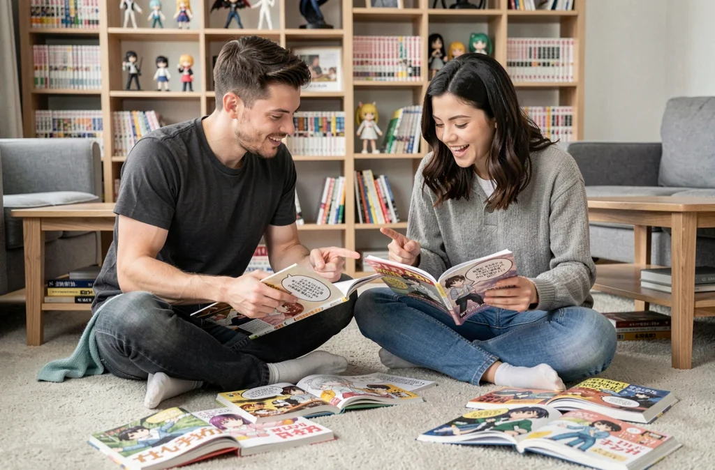 Deux amis comparant des traductions de scans Naruto avec des éditions officielles éparpillées sur le sol d'un appartement
