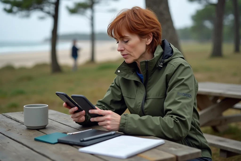 Femme comparant des sites de prévision des marées sur deux smartphones en bord de mer à Anglet