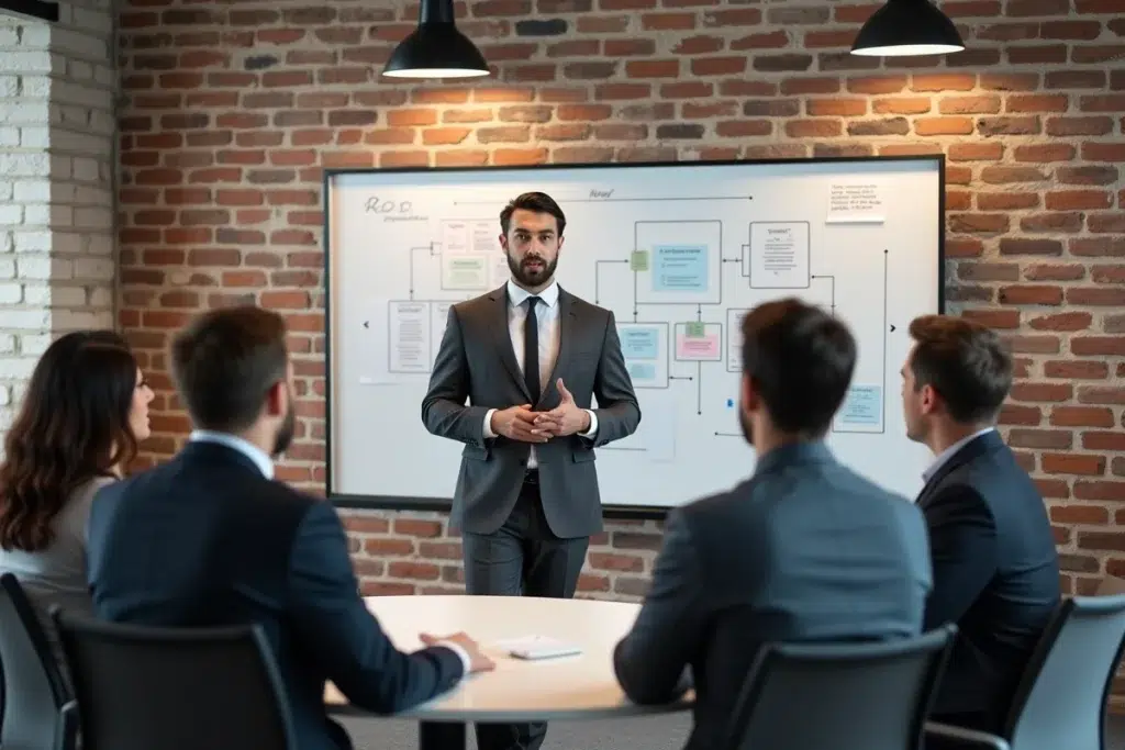 Consultant RH présentant une stratégie organisationnelle à des dirigeants lors d'un atelier de travail
