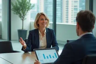Consultante RH en réunion avec un dirigeant d'entreprise dans une salle de conférence moderne en 2026