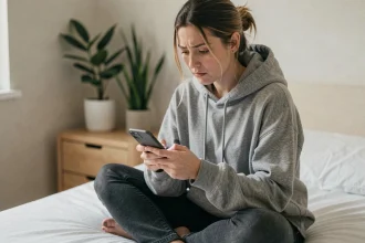 Jeune femme consultant discrètement des stories sur son smartphone dans sa chambre