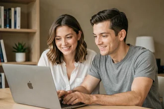 Couple assis devant un ordinateur portable dans un bureau à domicile moderne, discutant d'une stratégie de contenu pour leur compte OnlyFans