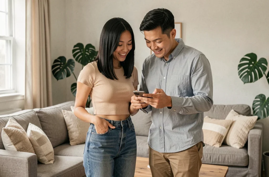 Couple debout dans leur salon, regardant ensemble leur smartphone pour gérer et analyser leur compte OnlyFans en couple