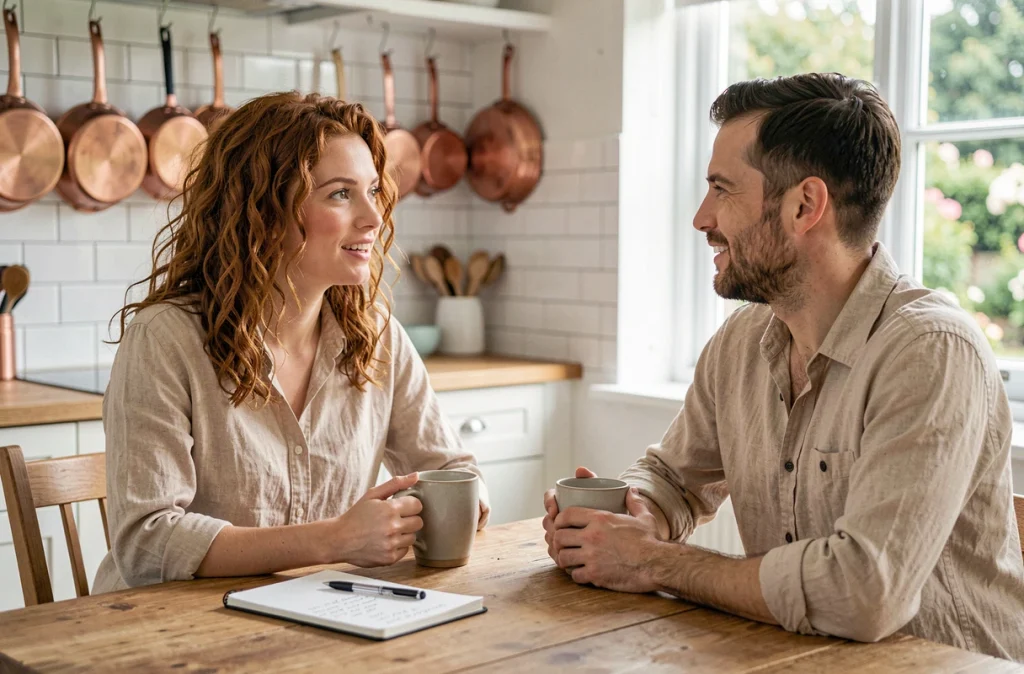 Un couple prenant des notes dans un carnet à la table de cuisine, planifiant les règles et les idées de contenu pour leur compte en ligne commun