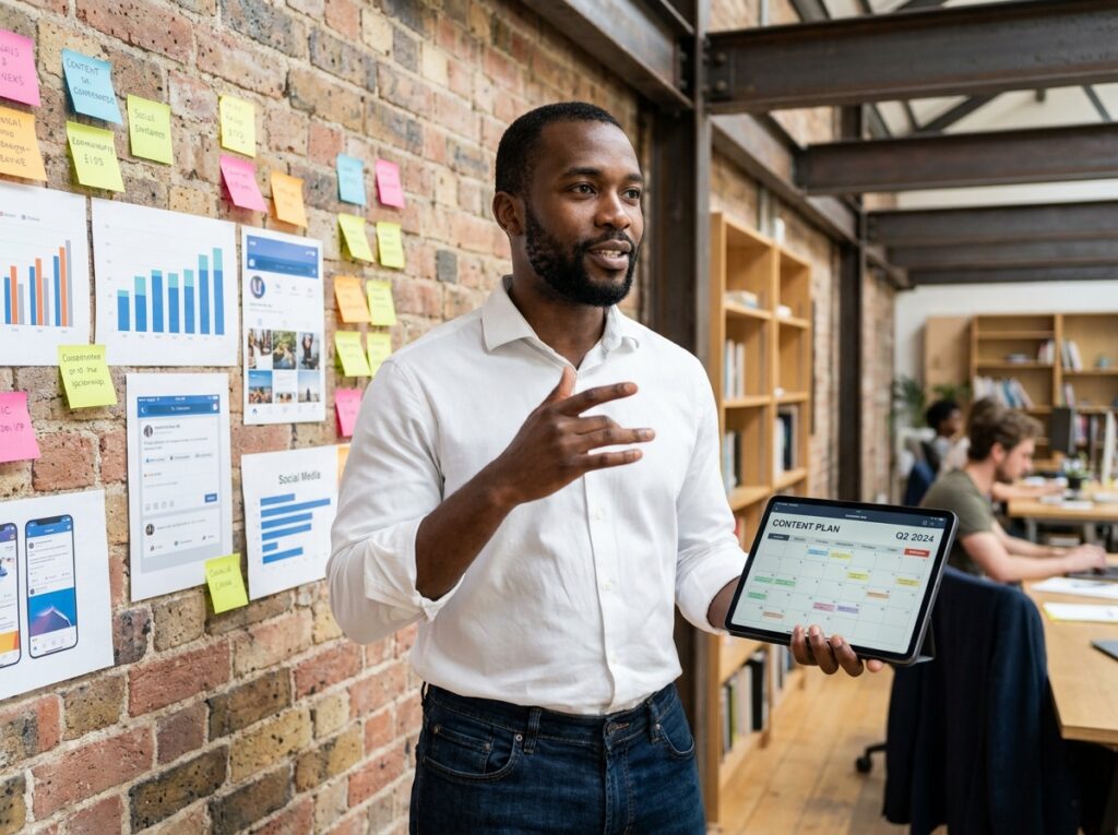 Créateur de contenu sourd planifiant sa stratégie sur les réseaux sociaux dans un espace de coworking