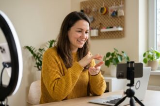 Jeune femme sourde filmant une vidéo en langue des signes pour ses réseaux sociaux depuis son bureau à domicile