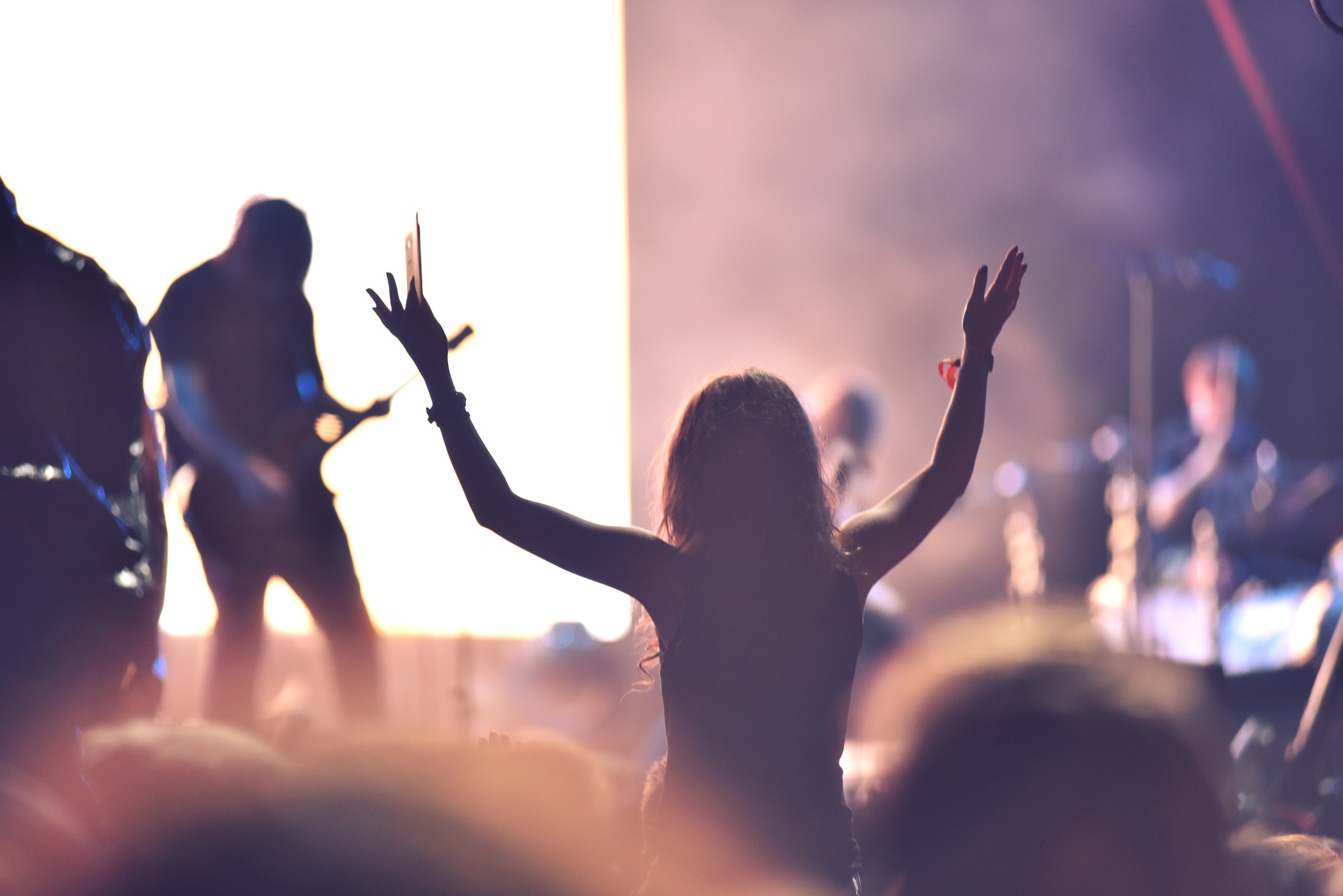 Crowd at a music concert, audience raising hands up