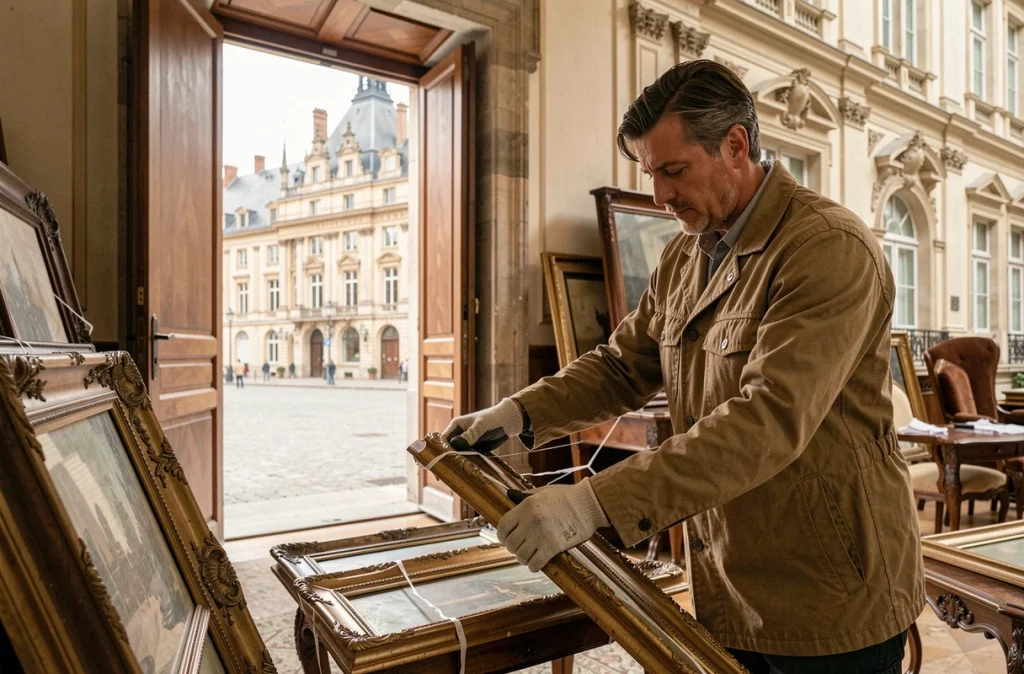 Spécialiste de Débarras Arras manipulant avec soin des meubles anciens devant une maison bourgeoise près de la Grand Place