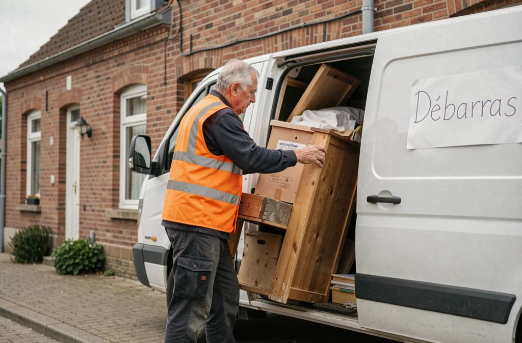 Artisan indépendant Anthony chargeant des meubles dans son camion devant une maison en briques du nord de la France
