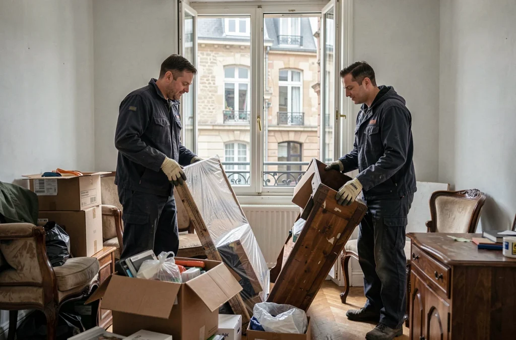 Deux débarrasseurs vidant une maison encombrée à Lille avec l'architecture urbaine visible en arrière-plan