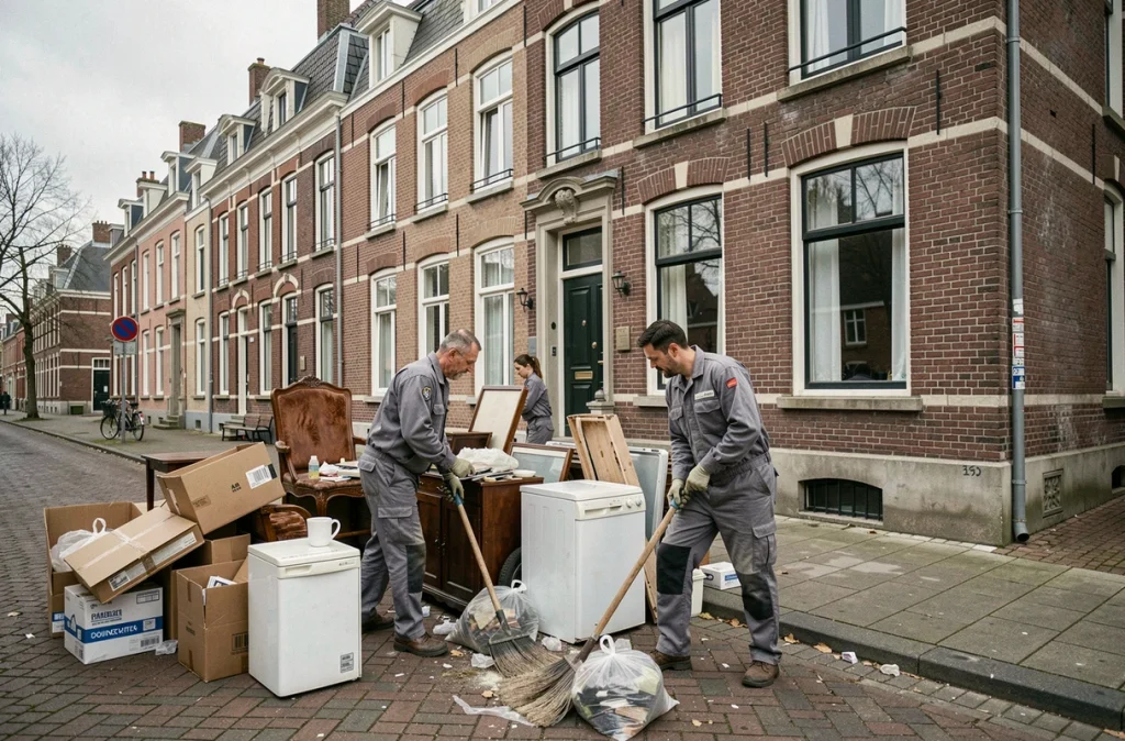 Équipe de Débarras Valenciennes vidant une maison bourgeoise en briques avec meubles entassés sur le trottoir