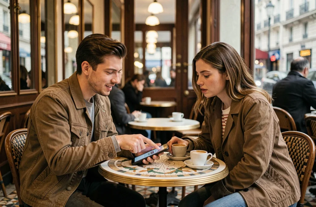 Deux jeunes parisiens discutant de la signification de verbatim et de ses synonymes en français autour d'un café