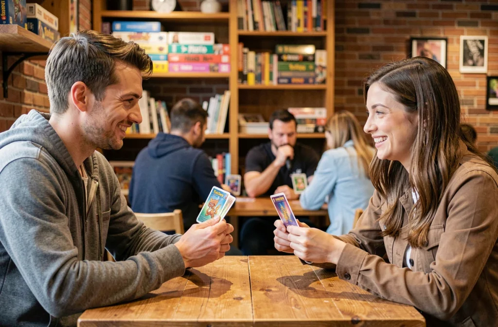 Deux adultes jouant à Pokémon TCG Pocket dans un café de jeux de société convivial