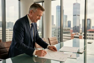Économiste allemand analysant des graphiques économiques dans un bureau moderne de Francfort, siège financier européen