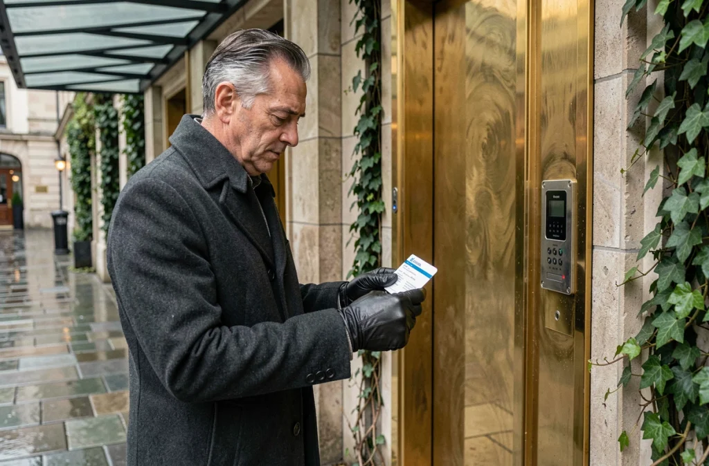 Homme élégant examinant sa carte de membre devant l'entrée en pierre d'un club privé huppé avec interphone et porte en laiton