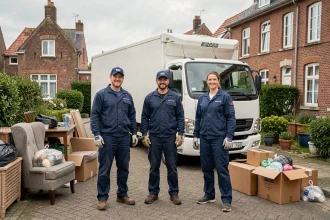 Équipe professionnelle de débarras devant un camion chargé de meubles et d'objets encombrants dans les Hauts-de-France
