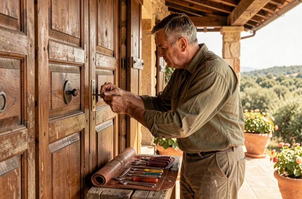 Artisan de l'Entreprise Laurent en train de re-cylindrer une serrure ancienne sur la porte d'une villa corse