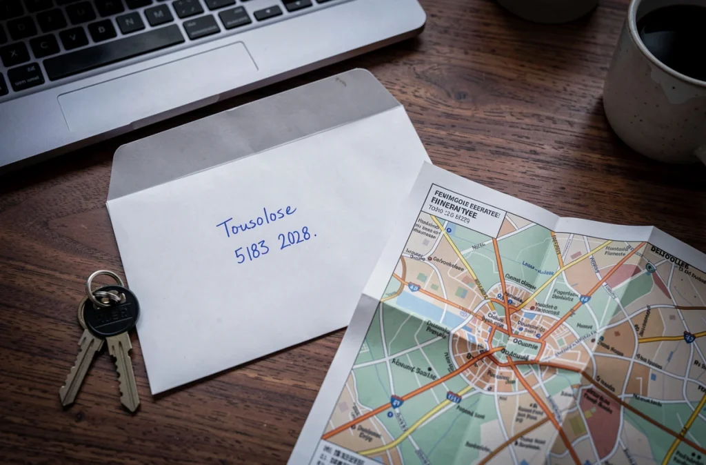 Enveloppe postale avec code postal de Toulouse sur un bureau en bois avec documents administratifs et clés