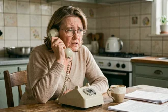 Femme d'âge mûr recevant un appel téléphonique non désiré de démarchage à son domicile, illustrant le harcèlement téléphonique au 02 70