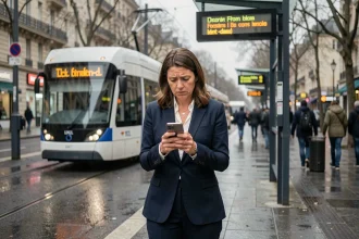 Femme cadre lyonnaise frustrée consultant son téléphone sur un quai TCL vide lors d'une grève de transports en commun à Lyon