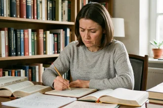 Femme française consultant un dictionnaire pour comprendre le sens du mot verbatim et ses synonymes en français