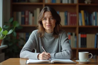 Femme concentrée écrivant dans un cahier de grammaire française à son bureau, illustrant l'accord du passé composé