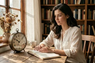 Femme contemplant une horloge affichant 14h41, symbolisant l'heure miroir inversée et la signification angélique