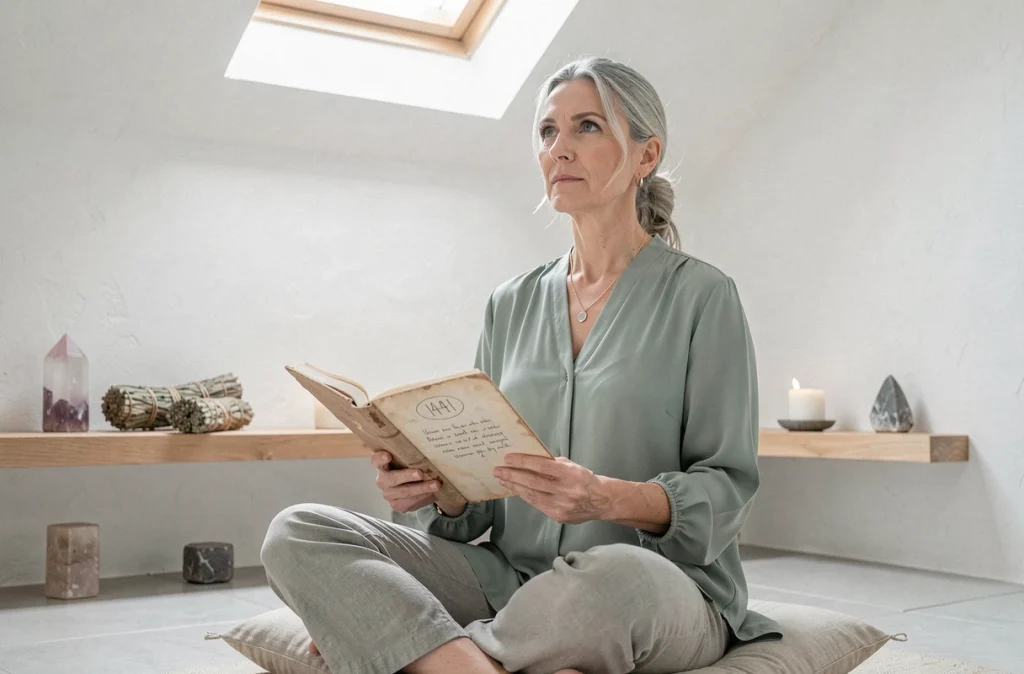 Femme en méditation tenant un journal avec la séquence 1441, illustrant la numérologie et le chemin de vie spirituel