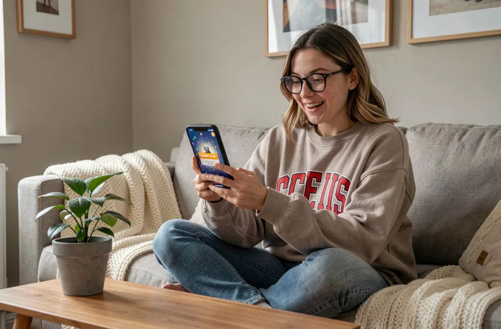 Jeune femme réclamant des récompenses gratuites sur mobile dans le jeu Code Last Stand via un code promotionnel en 2026