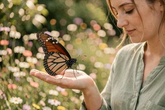 Femme tenant un papillon monarque sur sa paume dans un jardin fleuri, symbolisant la transformation et le symbolisme spirituel des papillons