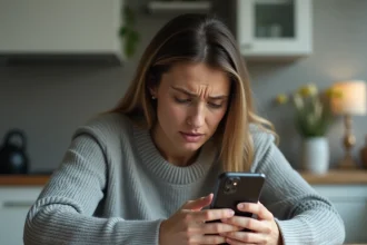 Femme stressée regardant son téléphone avec des appels répétés d'un numéro inconnu en 0424, prenant des notes pour constituer une preuve de harcèlement téléphonique