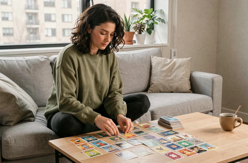 Femme triant des cartes Pokémon TCG Pocket sur une table basse dans un salon moderne