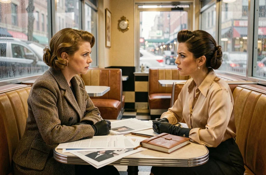 Deux femmes de la mode des années 1960 discutant autour d'une table dans un café new-yorkais, illustrant les relations professionnelles et les libertés dramatiques du téléfilm sur Ruth Finley