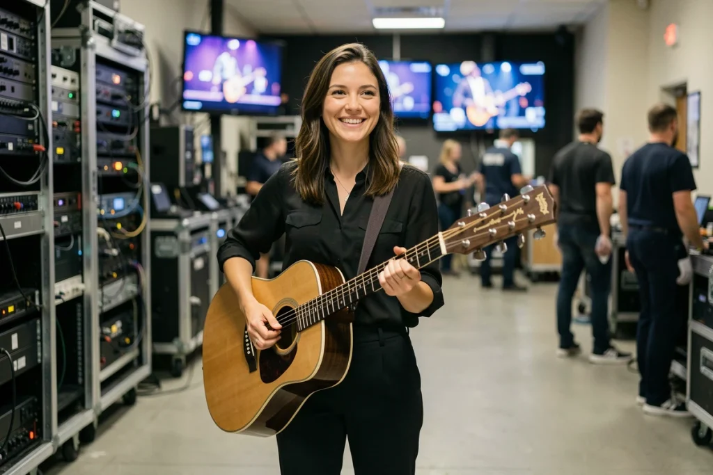 Guitariste femme souriante en coulisses d'un studio de télévision tenant sa guitare avant de monter sur scène