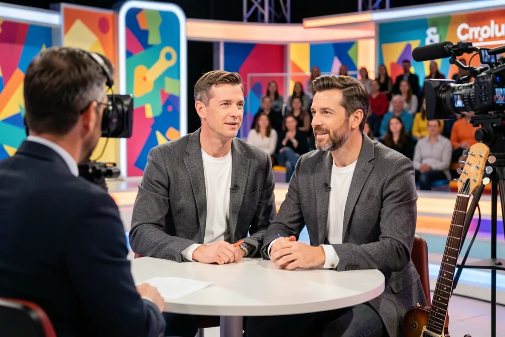 Guitariste interviewé sur le plateau d'une émission de télévision musicale française avec sa guitare posée à côté de lui