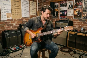 Guitariste concentré jouant de la guitare électrique dans un studio de répétition aux murs en briques couvert d'affiches de concerts
