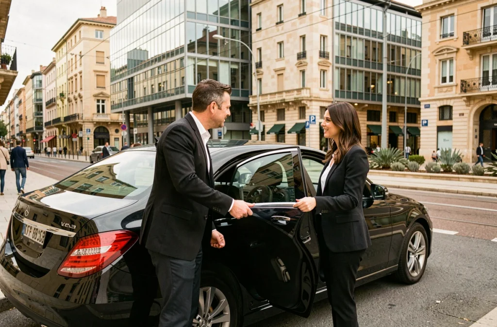 Chauffeur VTC Herault Taxi Montpellier ouvrant la portière d'une berline noire pour une passagère dans une rue de Montpellier